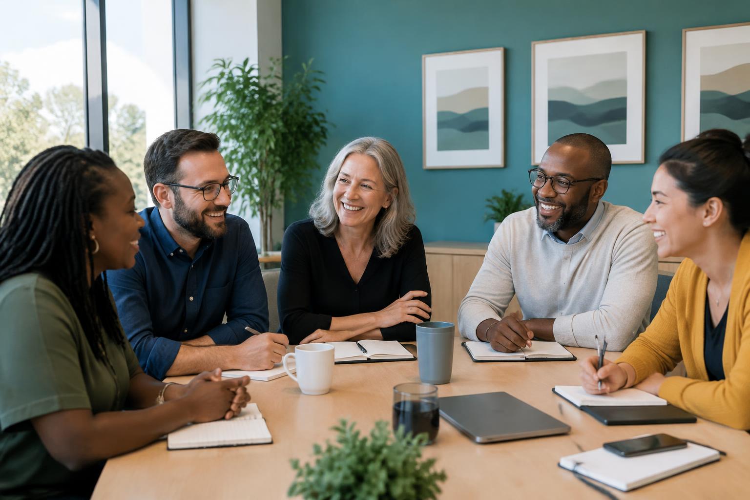 Our team collaborating in a bright meeting room