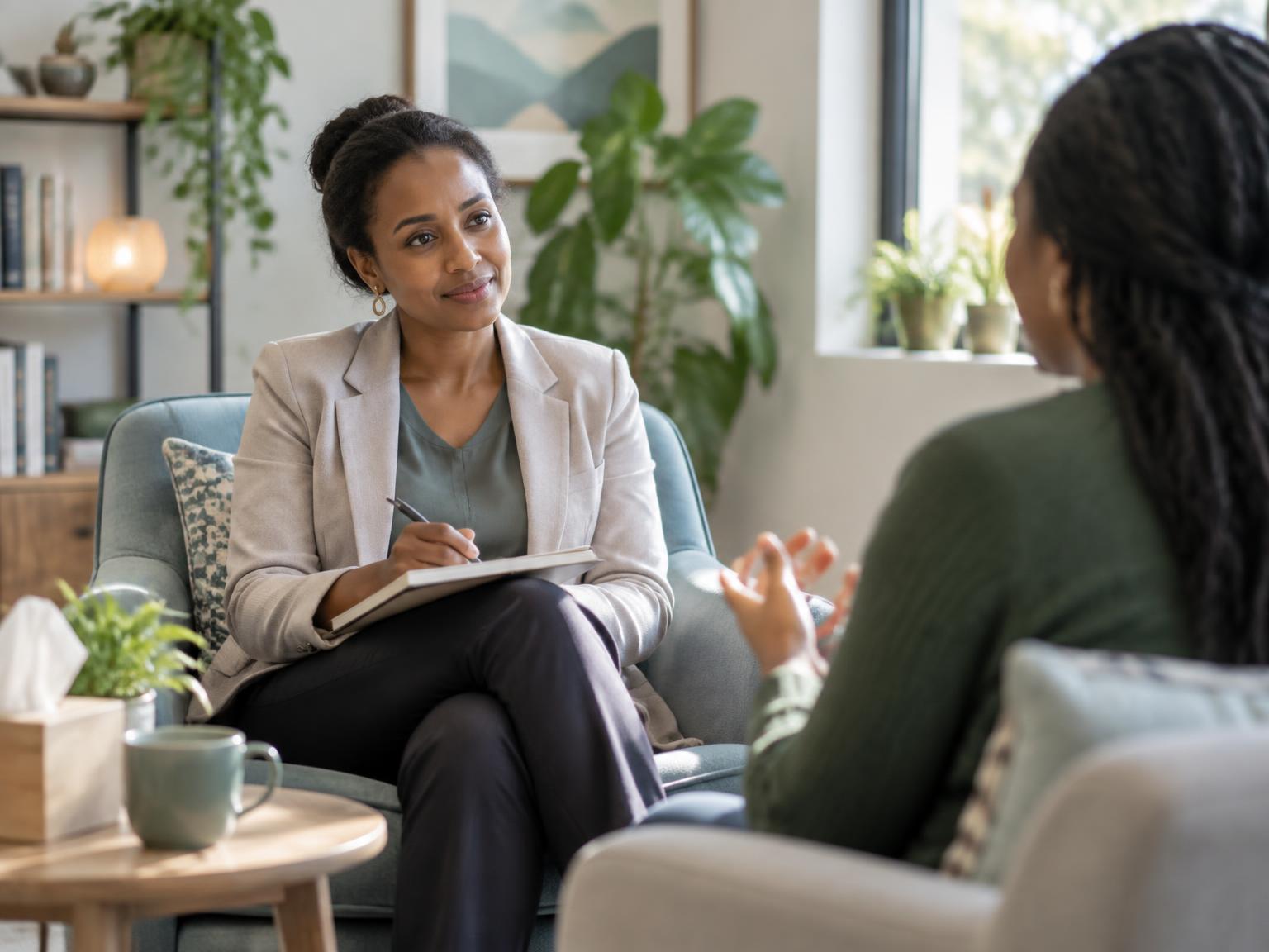 A therapist listening attentively to a client in a calm, sunlit office