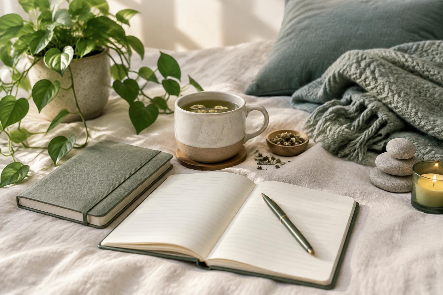 A journal, tea, and calming items on a soft surface